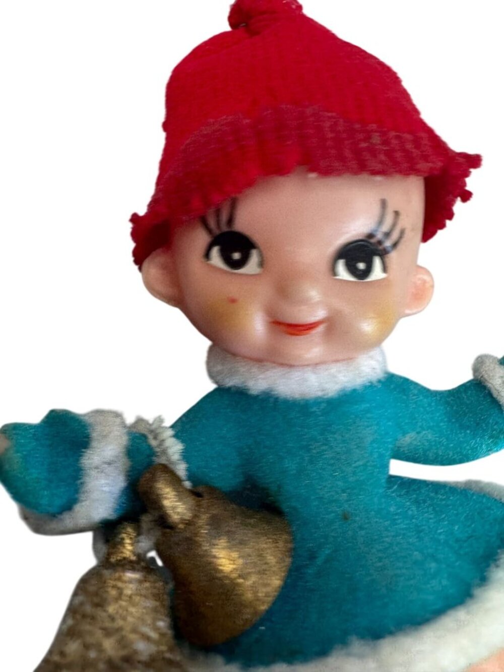Vintage Flocked Pixie Elf Ornament With Bells Red Knit Hat 5" - Picture 7 of 7